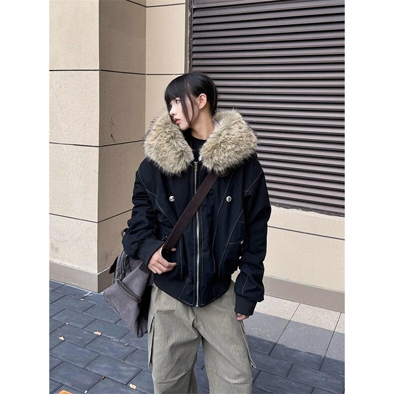 现货重磅boxy短款棉衣座山雕大毛毛领男女棉服水洗工装厚外套,男装棉衣,电商A486-1