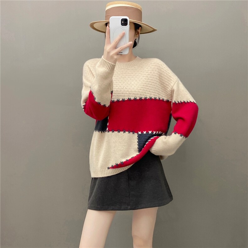 2025年秋季新款百搭7针手工活拼片套色，女装针织衫/毛衣，国旺羊绒