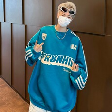 美式复古撞色三条杠卫衣女春秋潮牌圆领oversize情侣上衣，男装卫衣，星座716-2