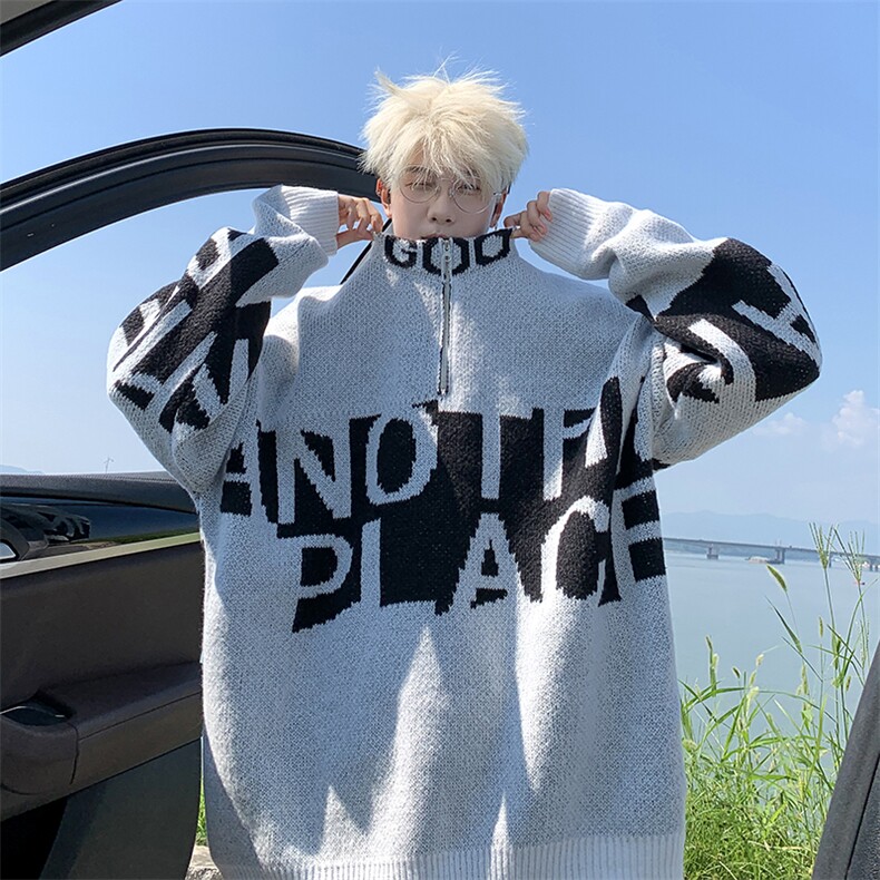 美式潮牌字母提花半拉链高领毛衣男春秋街头宽松针织衫Y01-P48，男装针织衫/毛衣，星座308B-2