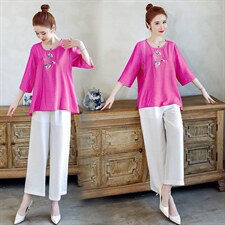 2021夏季新款文艺素雅复古刺绣休闲舒适棉麻两件套，女装套装/套裙，韩宇舍