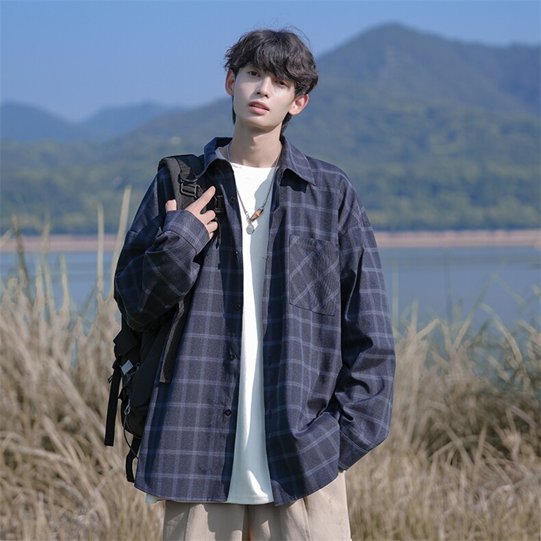 2025秋季百搭复古长袖格子翻领宽松衬衫外套男C5533-特P40控78，男装衬衫，电商A001-1