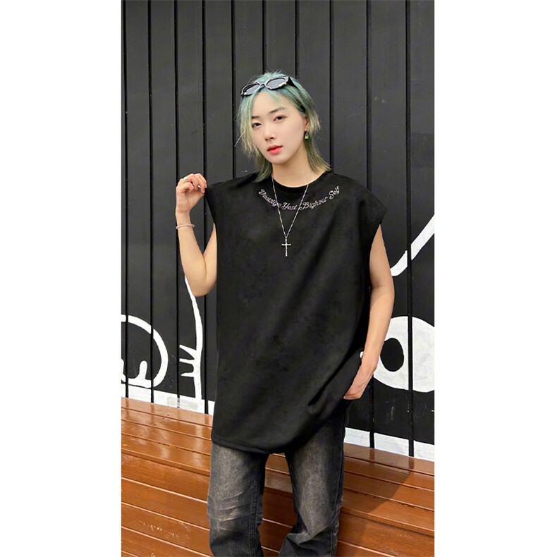 港风大码网红麂皮绒圆领无袖T恤背心男女 XZ213-T070-P35控48图片