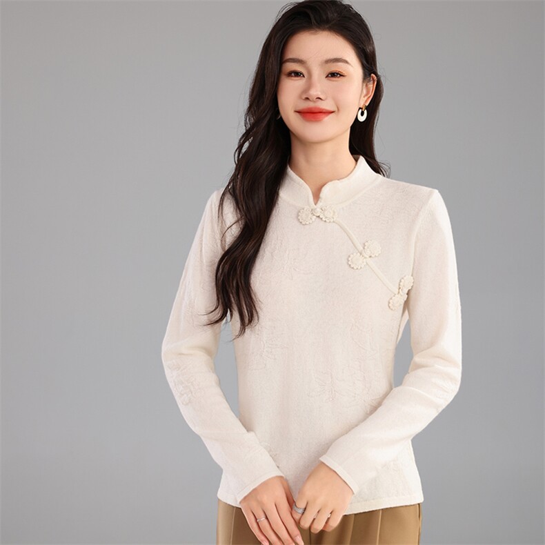 24新中式立领山衫女秋季新款高端中国风侧盘扣针织毛衣上衣MU,女装羊毛衫,奢优羊绒