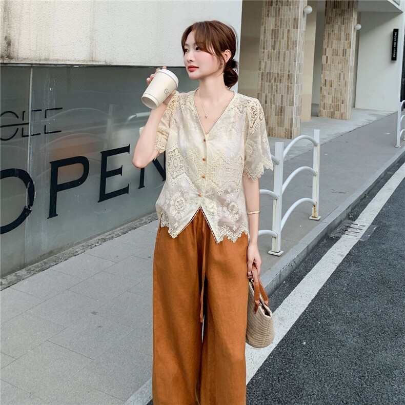 甜美蕾丝镂空上衣阔腿裤套装女夏2025新款重要场合绝美两件套漂亮,女装套装/套裙,2C211