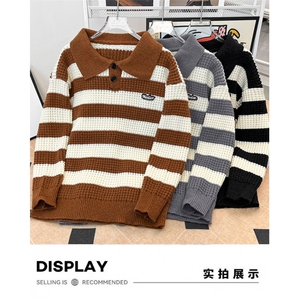 秋冬季新款条纹POLO领毛衣复古翻领慵懒风针织衫图片