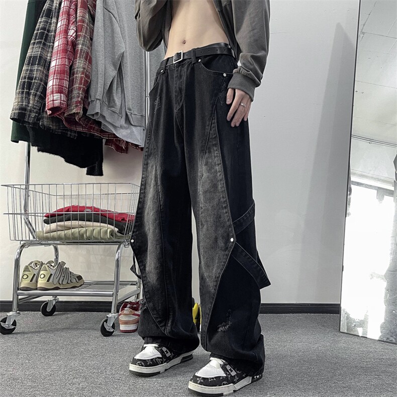 牛仔裤男款港风潮牌ins水洗复古美式宽松直筒阔腿长裤子N410-P53,男装牛仔裤,星座308B-2