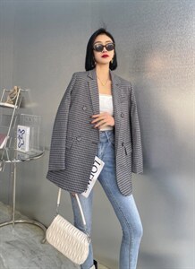 【现货】春装新款 韩版阔版黑白格休闲西装图片