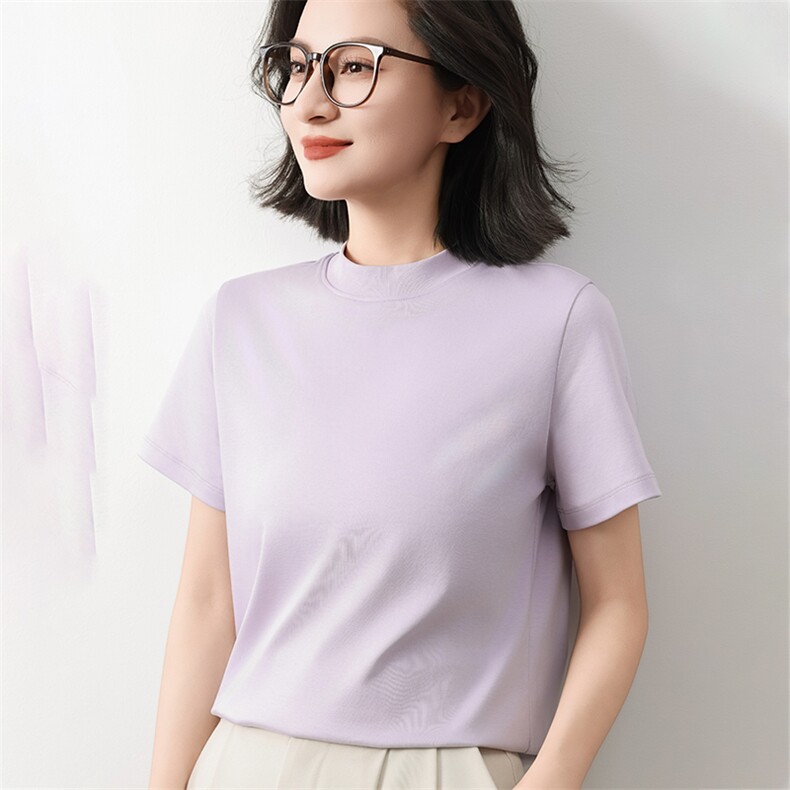 简约风液氨纯棉短袖T恤女2025新款宽松显瘦正肩t恤立领半袖打底衫,女装T恤,元素羊绒