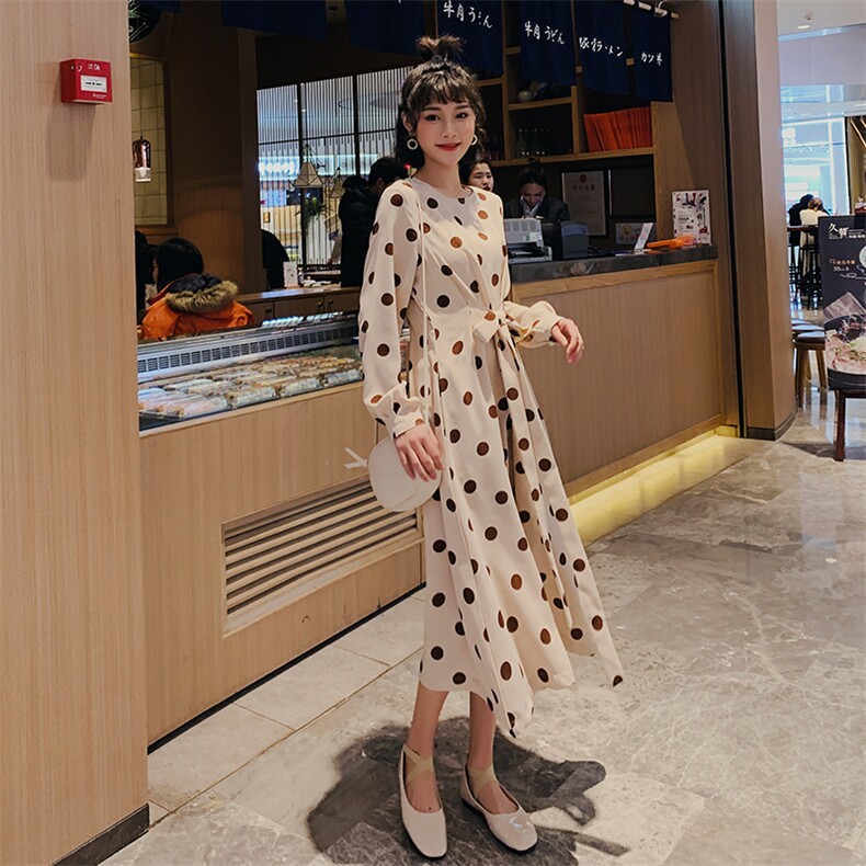 现货 杏色复古波点圆点雪纺连衣裙 1318A-6621 138图片