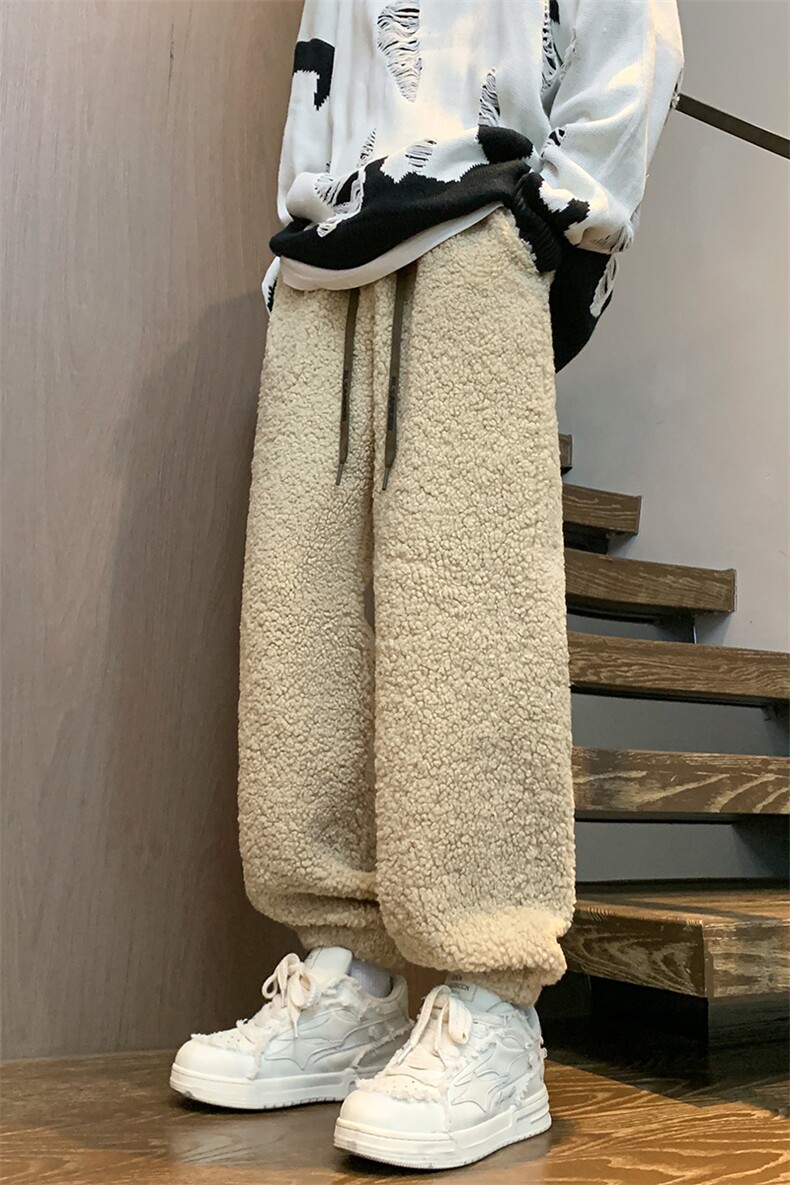 羊羔绒卫裤冬季加绒加厚裤子男保暖抗寒东北毛绒宽松束脚休闲长裤,男装休闲裤,电商D312-1