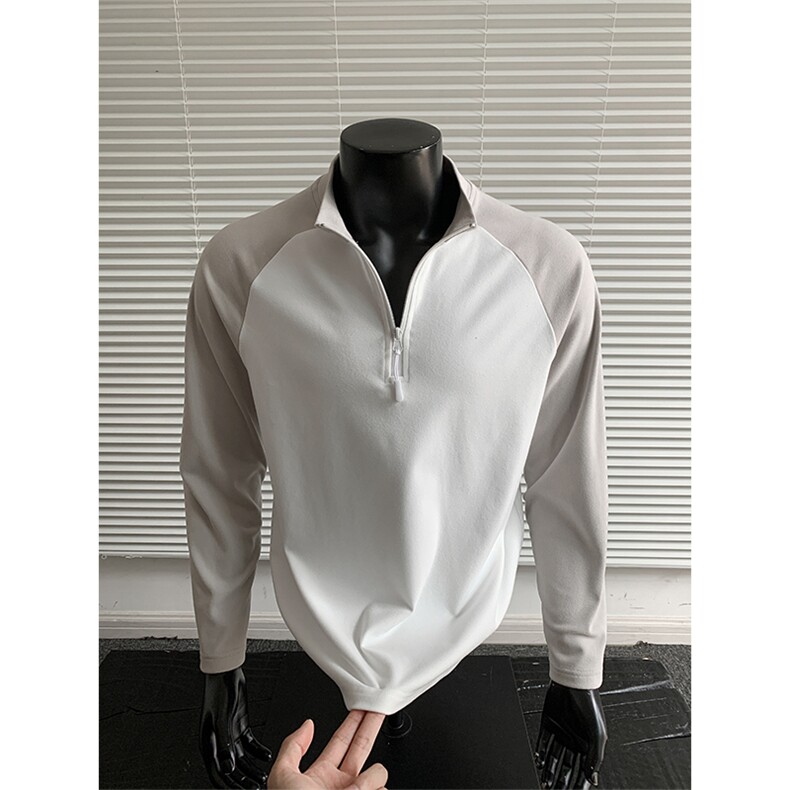 拼接撞色长袖t恤男生春秋季中性半拉链百搭潮牌宽松大码休闲体恤，男装T恤，电商A001-1