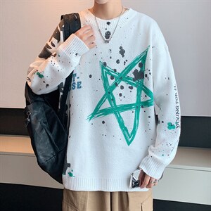 ！2023秋冬新款男士五角星扎染印花毛衣潮牌针织衫M313P65图片