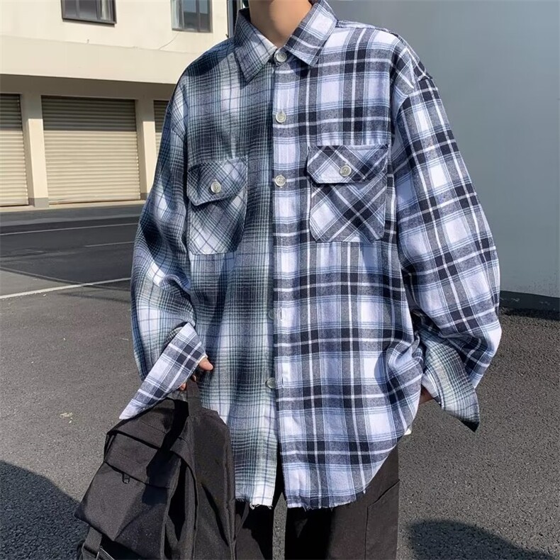 潮流潮慵懒时尚ins格子青春流行衬衫日常标准夏季男方领长袖图片