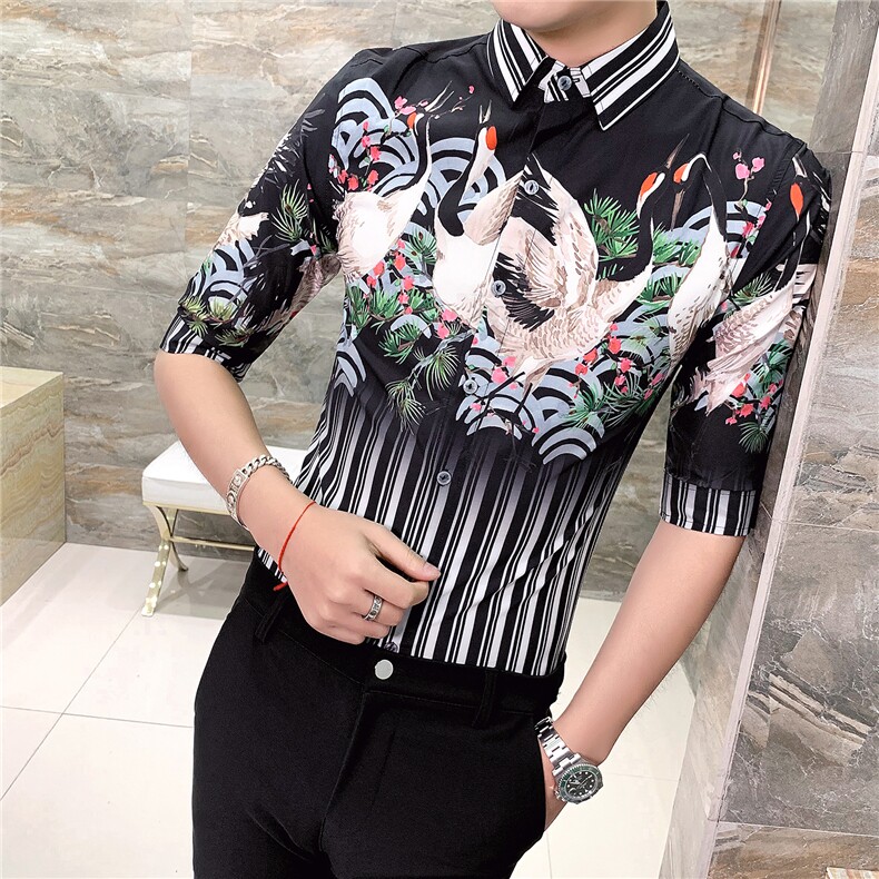 19新款英伦风男高端个性定位印花衬衫潮修身中袖夜店衬衣D467，男装衬衫，星座419（原A233）