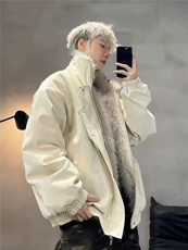 网图飞机扣PU毛领皮衣座山雕棉服外套男冬季加绒加厚棉衣夹克，男装夹克，电商C307