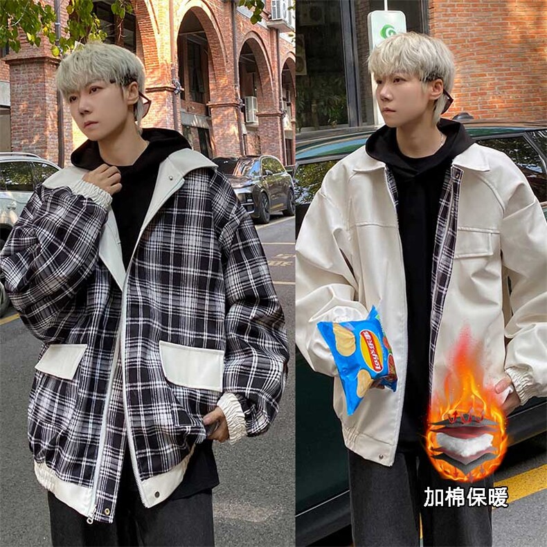 秋冬数据新款双面穿格子皮棉衣美式翻领百搭休闲棉服MF1088P110，男装皮衣，电商A128
