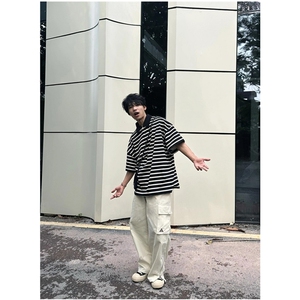 日系条纹POLO衫男短袖宽松纯棉翻领T恤夏季 T98图片