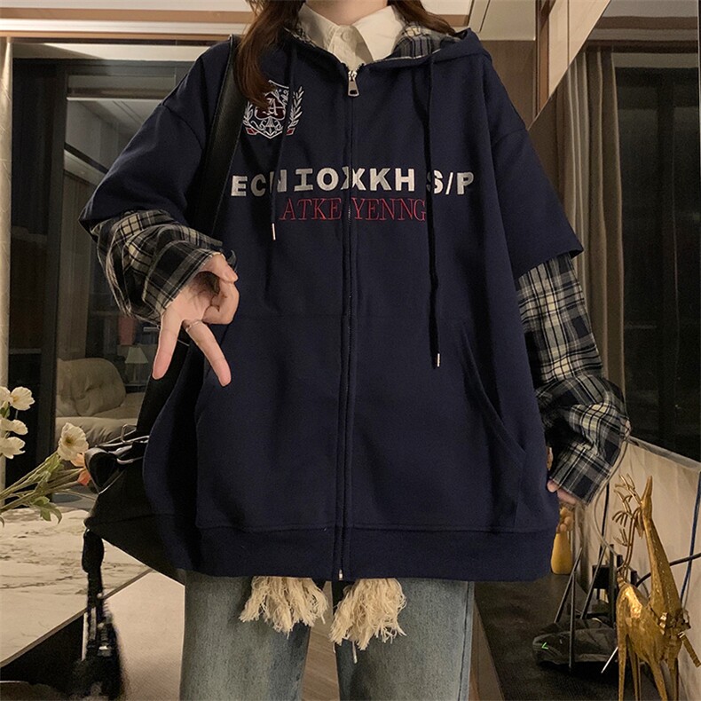 A397-P95重工刺绣假两件格子开衫连帽卫衣春秋新款外套,女装短外套,星座911