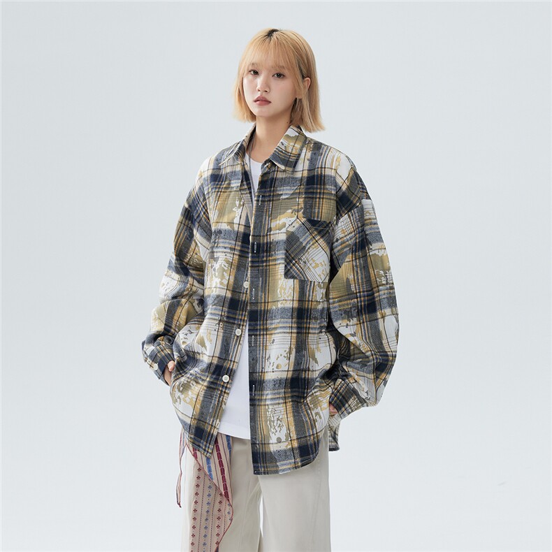 2026新款现货扎染格子衬衫痞帅长袖衬衣美式防晒情侣外套C235TP30，男装防晒衣，电商A170