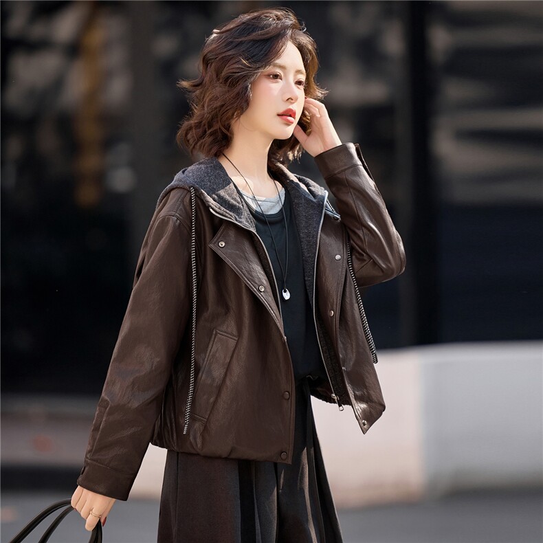 【春季女装新款】2026大量现货时尚休闲春秋连帽假两件皮衣外套,女装皮衣,缘衣格