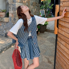 复古牛仔马甲套装夏季新款韩版设计感减龄格子上衣T恤短裙两件套，女装套装/套裙，2C176