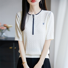 2025夏季新款精纺羊毛绞花半拉链短袖女，女装T恤，尚雪电商供货