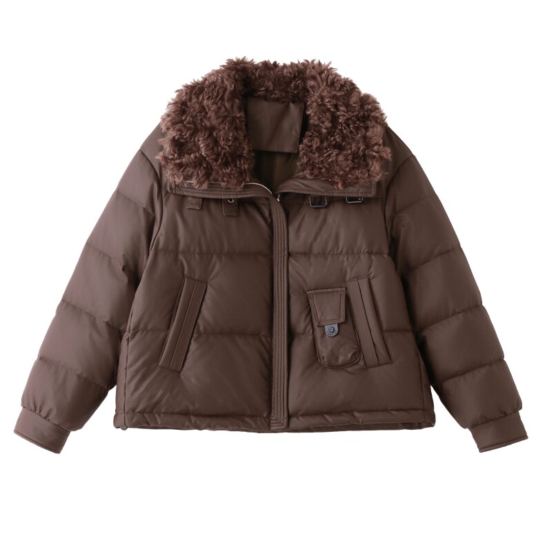 蛋白皮羽绒服女短款2025冬季加厚毛领宽松显瘦pu皮衣短外套百搭女,女装羽绒服,意芙