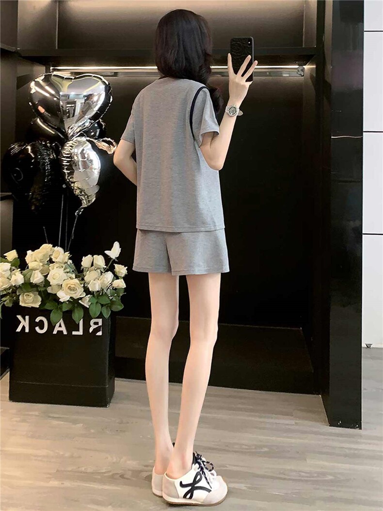 韩版休闲时尚套装女夏款个性简约圆领印花刺绣上衣阔腿短裤两件套,女装套装/套裙,江南