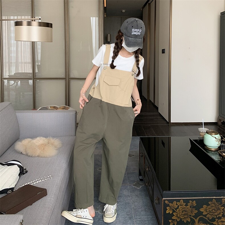 新品现货拼色复古工装绿色学院风背带裤2C075-127-P105K158,女装休闲裤,菡迪欧娜