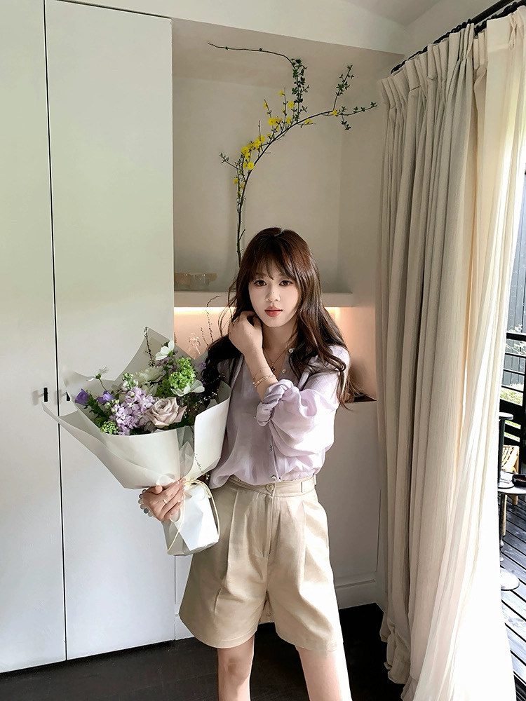 紫色气质简约苎麻宽松遮肉显瘦轻薄防晒衬衫，女装衬衫，湘姗