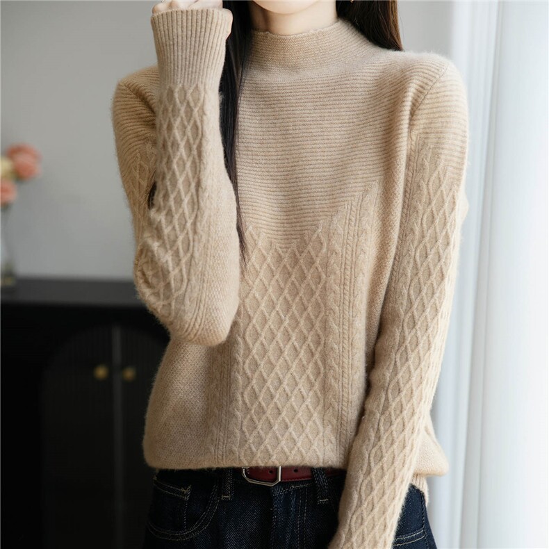 半高领100%纯羊毛衫女菱形提花针织毛衣宽松羊绒衫长袖打底衫上衣，女装羊毛衫，绒汀羊绒