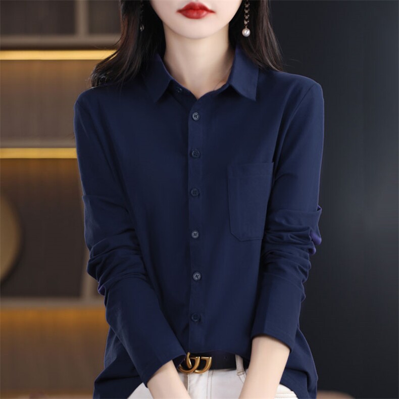 舒适弹力棉长袖衬衣女设计感小众时尚宽松韩版衬衫POLO领开衫新,女装衬衫,臻维羊绒