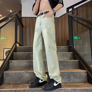 美式高街牛仔裤男vibe风泛黄泥染宽松直筒牛仔潮显瘦休闲学生裤图片