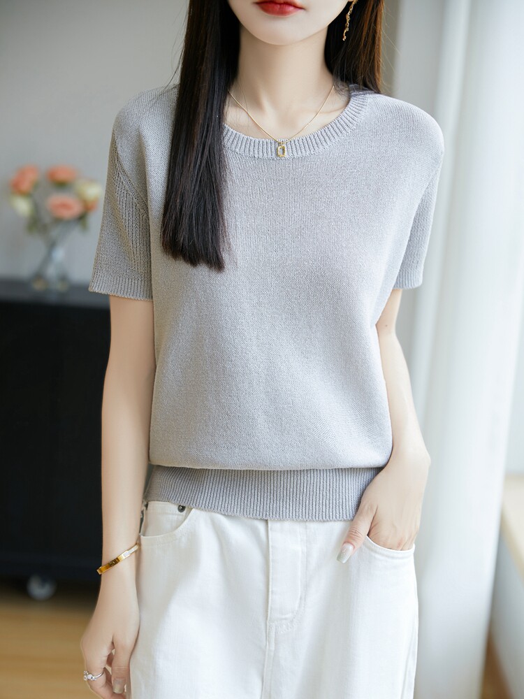 2025春夏新款圆领套头桑蚕丝短袖女纯色简约百搭亲肤透气休闲减龄,针织衫/毛衣,暖烁特种纱工厂店