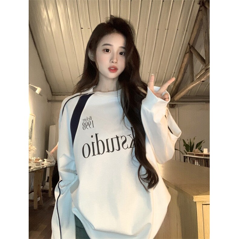 EE061-P65长袖t恤女装2025春秋薄款短款修身打底衫拼色圆领上衣,男装T恤,星座911-3