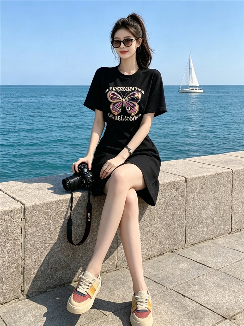 欧货时尚气质蝴蝶印花裙女夏新款洋气减龄收腰显瘦运动休闲连衣裙,女装连衣裙,江南