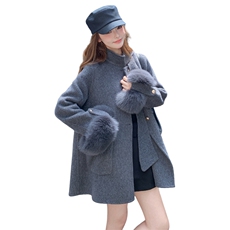 新款双面羊绒狐狸毛飘带大衣外套2B72-8638-1-P310-K398，女装双面呢大衣，乐吉娜