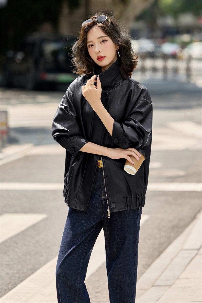 海宁皮衣女外套2025春秋新款时尚皮夹克时尚休闲宽松显瘦上衣,女装皮衣,江南女神