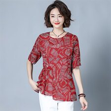 时尚潮流舒适蕾丝衫/雪纺衫2024年夏季花版不规则短袖圆领气质，女装蕾丝衫/雪纺衫，风姿绰