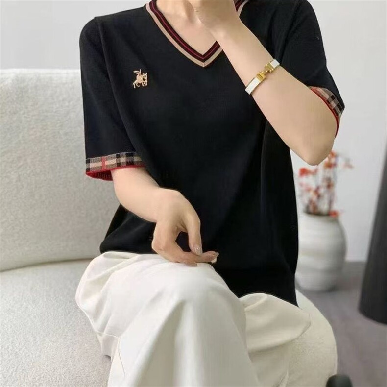英伦风格纹拼接短袖女时尚V领休闲天丝莱赛尔夏轻薄宽松外穿T恤衫,针织衫/毛衣,萱芳婷羊绒