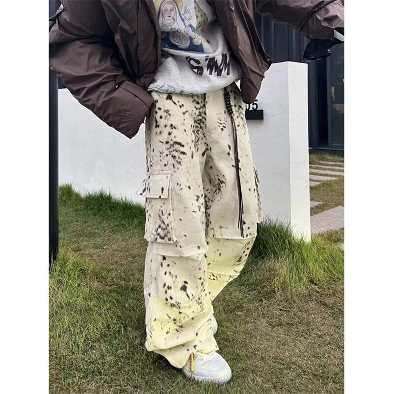 春季美式高街潮牌扎染宽松阔腿裤子潮嘻哈直筒工装裤男 K6155图片