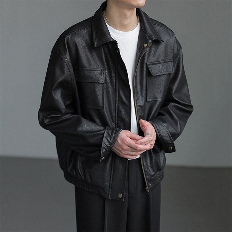 雷军同款春款男皮夹克工装大口袋皮衣外套JK0637P72，男装皮衣，星座1013-1