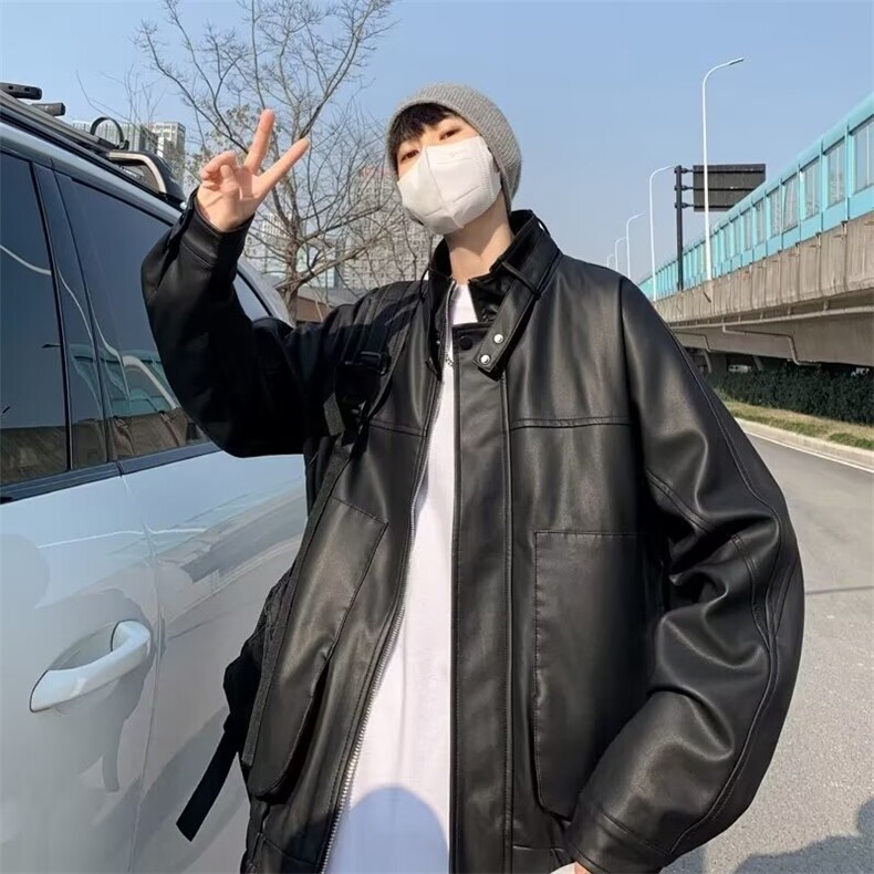 秋季新款高级感立领机车皮衣男宽松潮男短款垫肩夹克外套PU948,男装夹克,星座506