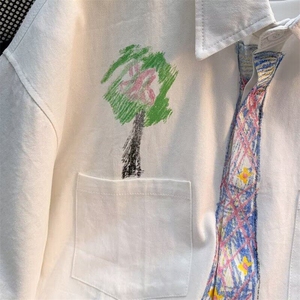 蜡笔手绘领带衬衫男款春季日系学院风长袖涂鸦衬衣外套休闲感上衣图片