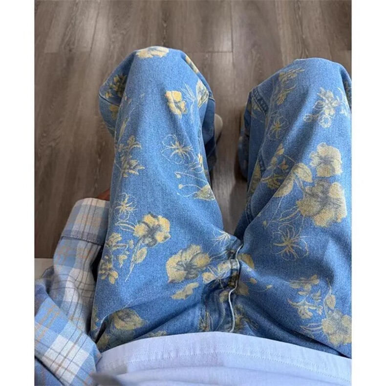 高腰阔腿牛仔裤新款花朵印花宽松显瘦直筒拖地裤513ACK2621P47,男装牛仔裤,星座513A