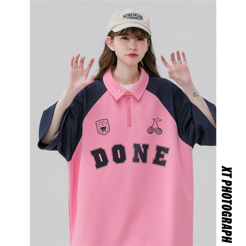 中性风23新款夏季时尚百搭美式翻领印花宽松短袖T恤DT464P45控68图片
