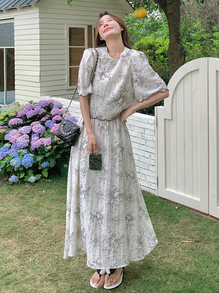 新中式禅意女2025夏季搭配一整套国风水墨画上衣半身裙,女装连衣裙,诺蝶