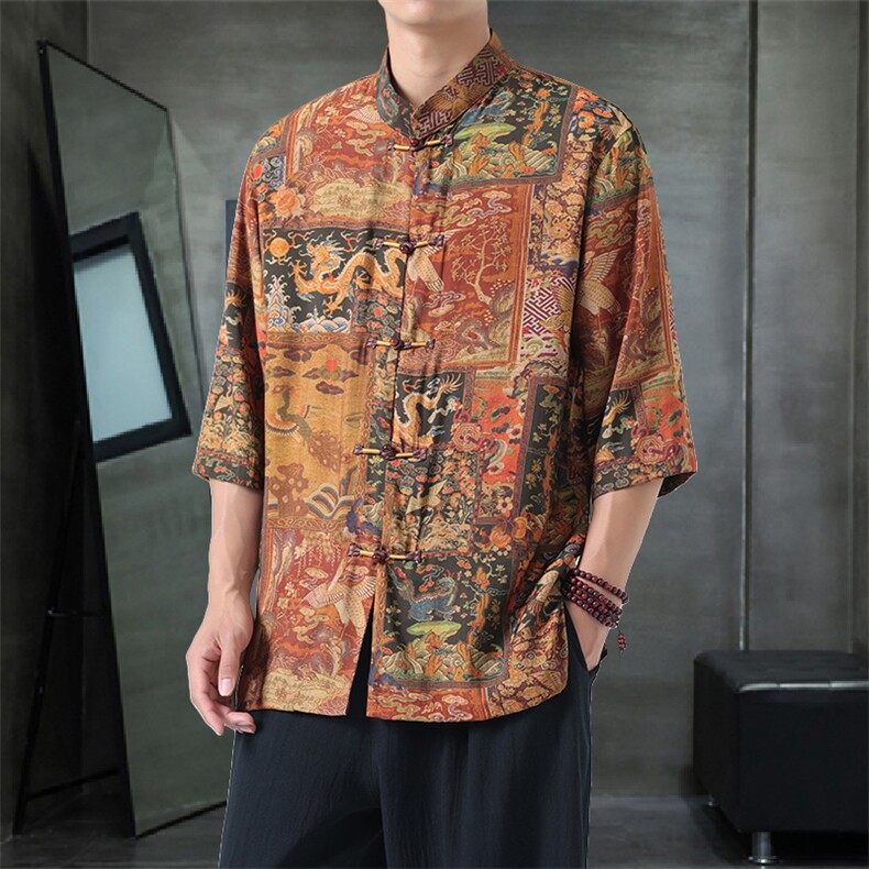 男士衬衫五分袖衬衣中袖印花立领唐装风XZ1512-2605-P45,男装T恤,星座1512