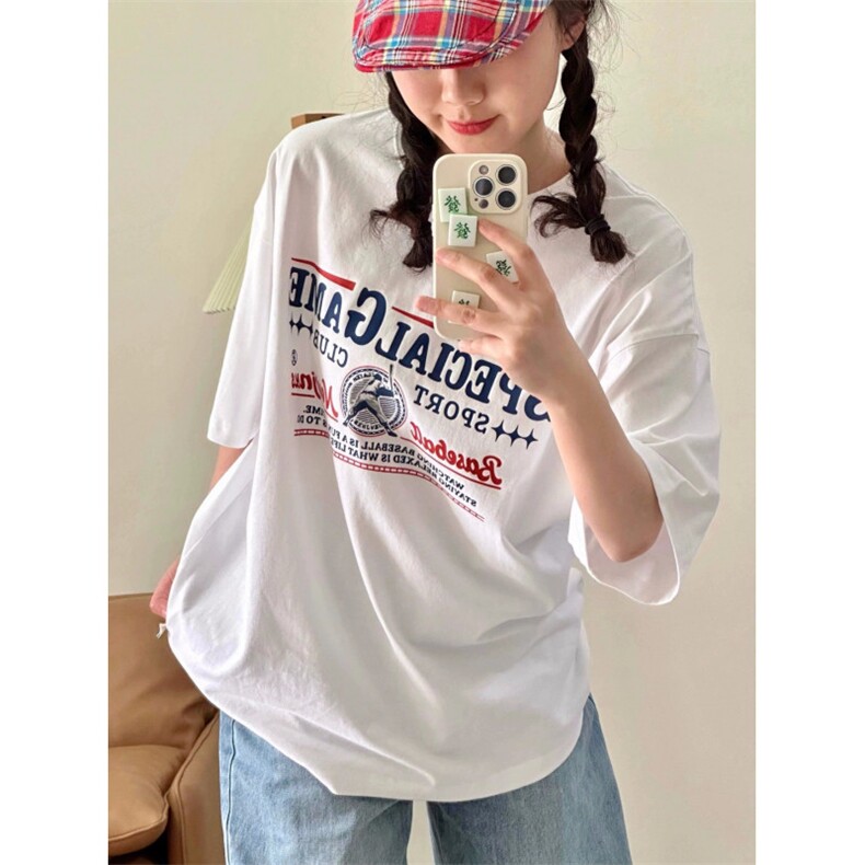T0759-P25 棒球字母美式复古白色纯棉T 2025春夏男女同款短袖图片